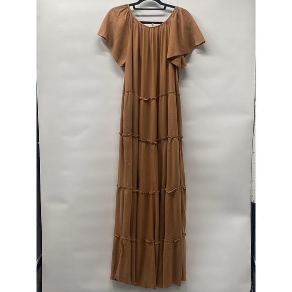 Easel Women’s Flutter Sleeve Tiered Maxi Dress Boho Flowy A-line Size 16 Camel - Picture 3 of 5